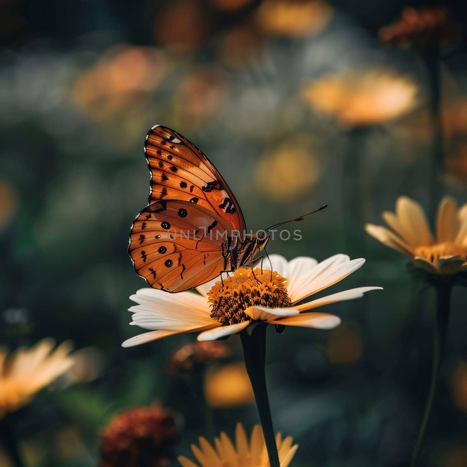 Orange and black butterfly sitting on a white flower, blurred background. Flowering flowers, a symbol of spring, new life. by ThemesS