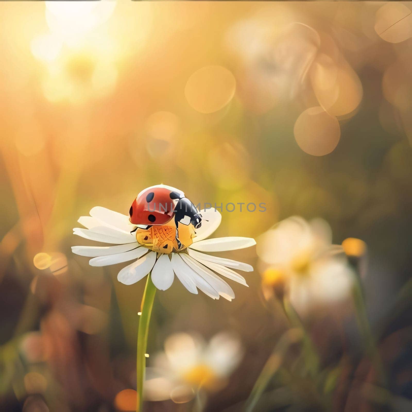 Red ladybug sitting on a white flower, smudged background sunset rays. Flowering flowers, a symbol of spring, new life. A joyful time of nature awakening to life.
