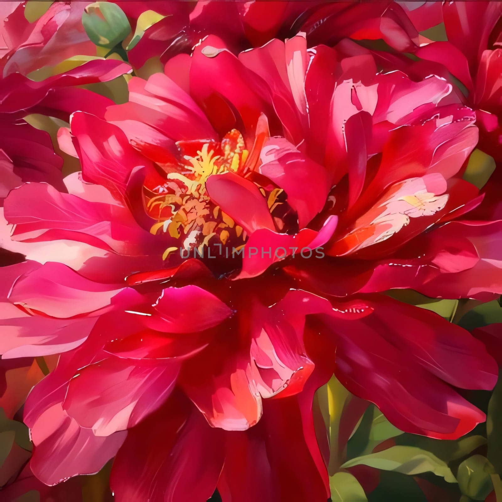 Illustration of a red flower with petals in close-up painted with watercolor paints. Flowering flowers, a symbol of spring, new life. A joyful time of nature awakening to life.