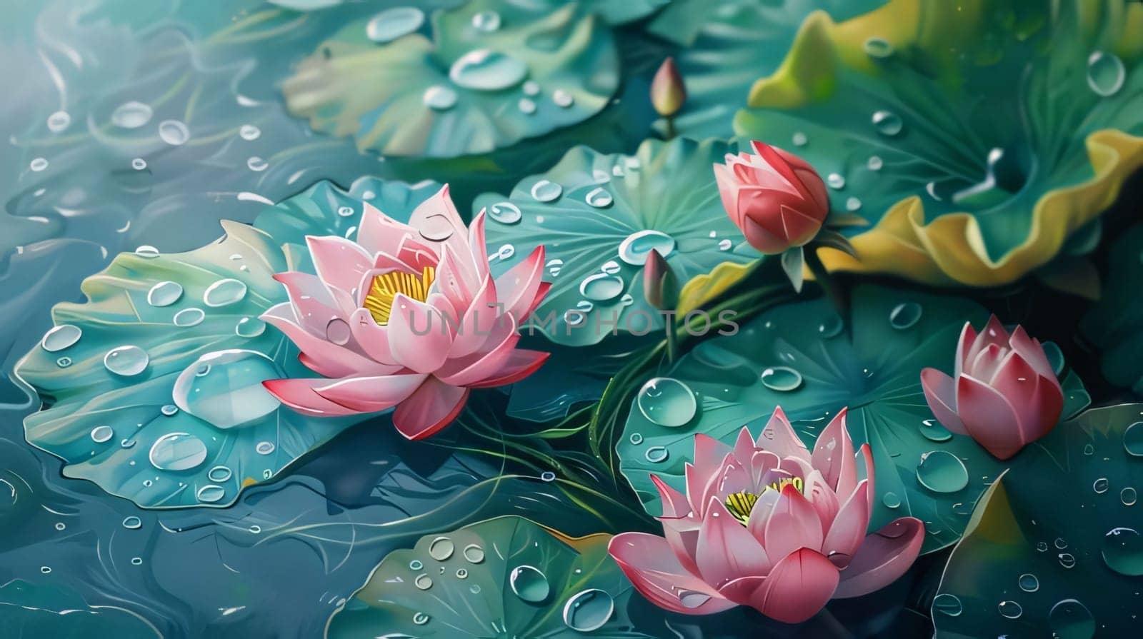 Illustration of pink and white water lilies, green leaves and raindrops, dew, water, falling rays of light. Flowering flowers, a symbol of spring, new life. A joyful time of nature awakening to life.