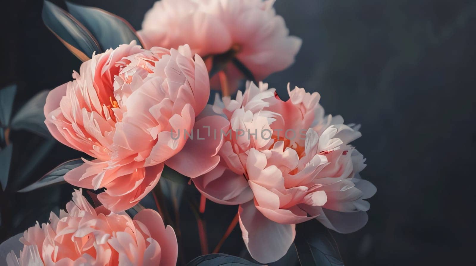 Pink flowers with green leaves and mist in the background. Flowering flowers, a symbol of spring, new life. A joyful time of nature awakening to life.