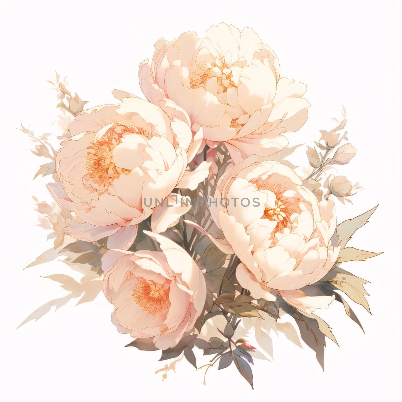 Bouquet of bright pink flowers with green leaves. Illustration on a bright white background. Flowering flowers, a symbol of spring, new life. A joyful time of nature awakening to life.