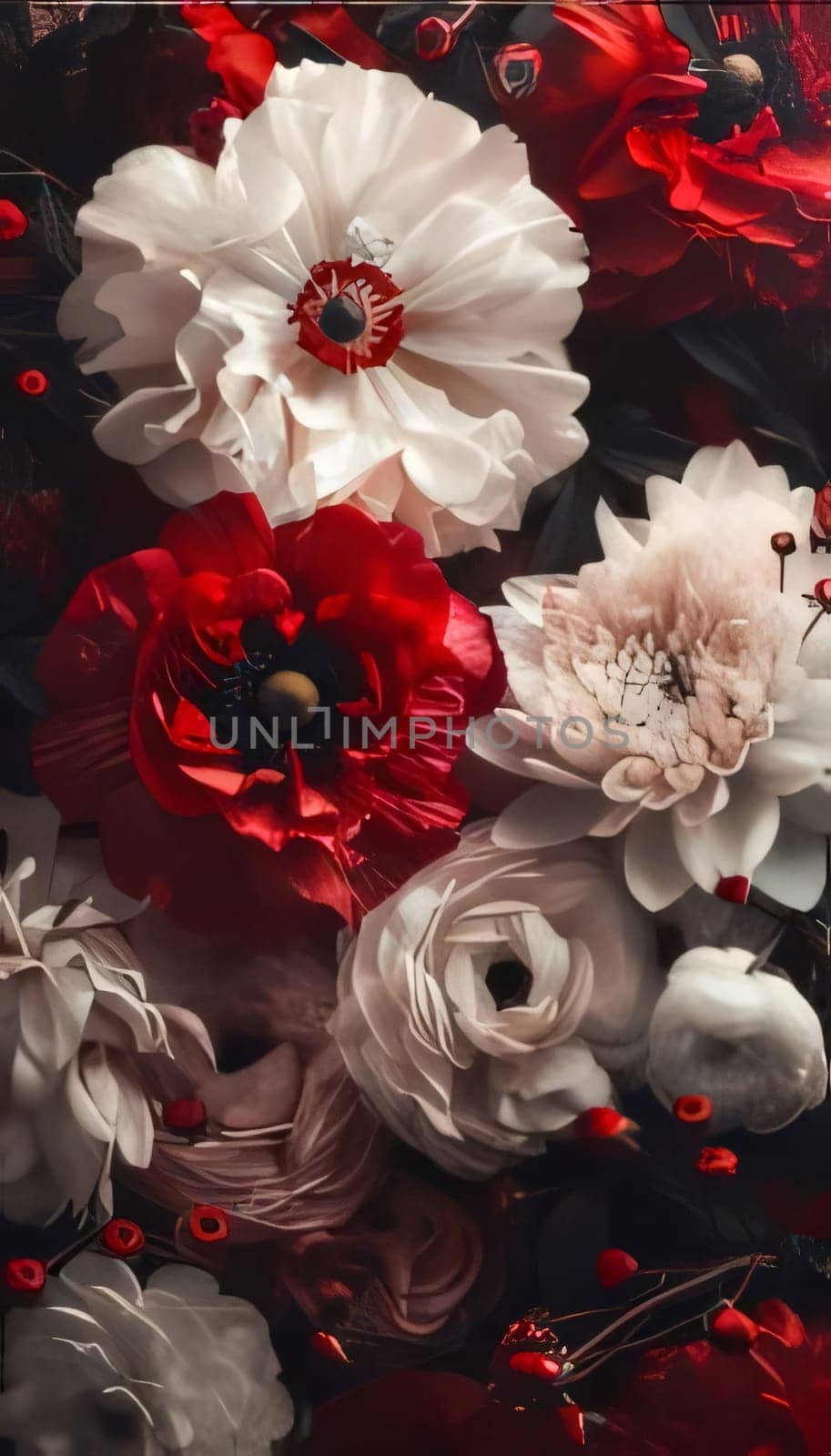 White and red flowers, bouquet, close-up view from above. Flowering flowers, a symbol of spring, new life. A joyful time of nature awakening to life.