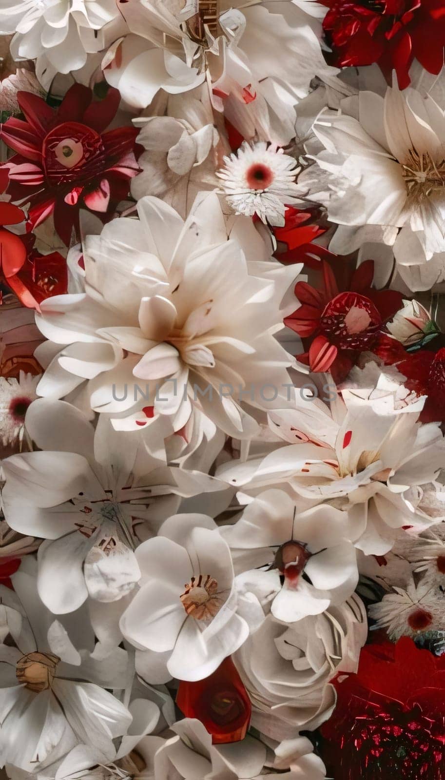 White and red flowers, bouquet, close-up view from above. Flowering flowers, a symbol of spring, new life. by ThemesS