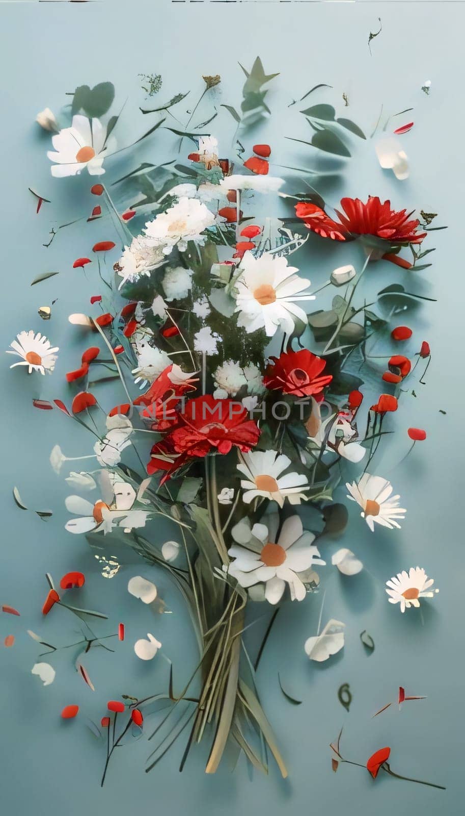 White and red flowers bouquet on a light background. Flowering flowers, a symbol of spring, new life. A joyful time of nature awakening to life.