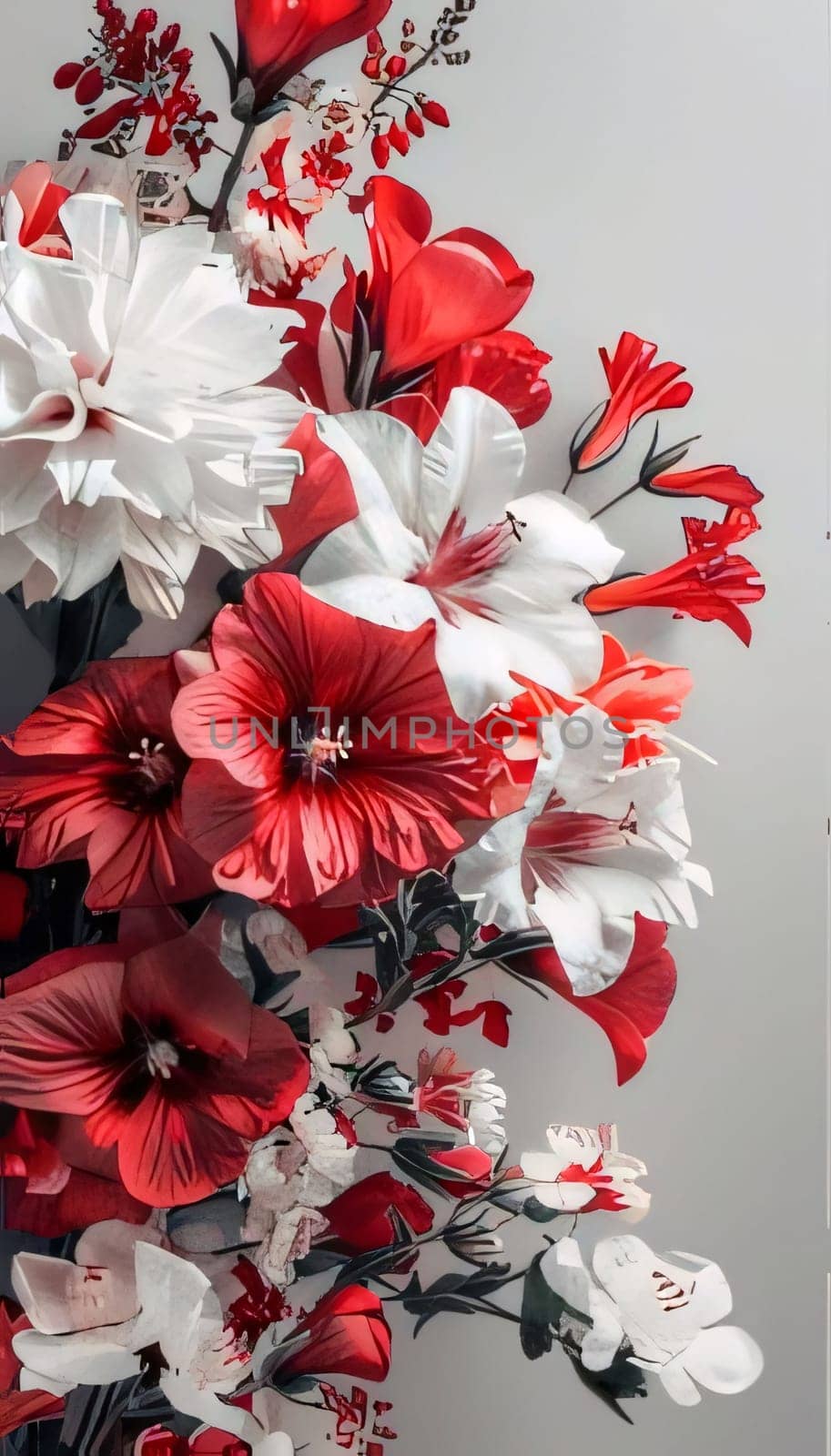 White and red flowers bouquet on a light background. Flowering flowers, a symbol of spring, new life. A joyful time of nature awakening to life.