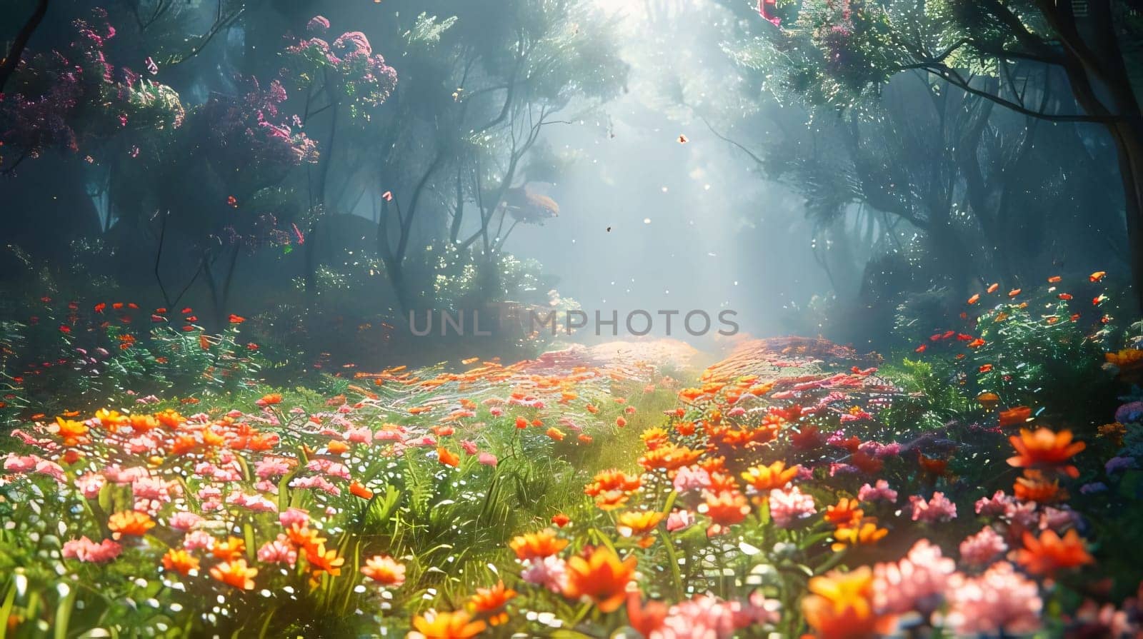 Beautiful greenery, colorful flowers, trees, vegetation and a path in the woods raining sunshine on everything. Flowering flowers, a symbol of spring, new life. A joyful time of nature awakening to life.
