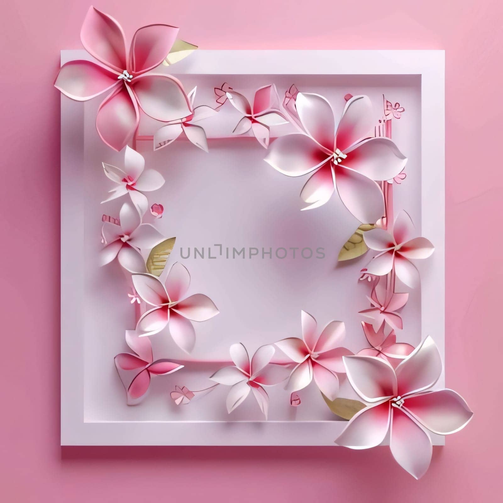 Pink frame card with space for your own content around the decoration of pink flowers. Flowering flowers, a symbol of spring, new life. A joyful time of nature awakening to life.