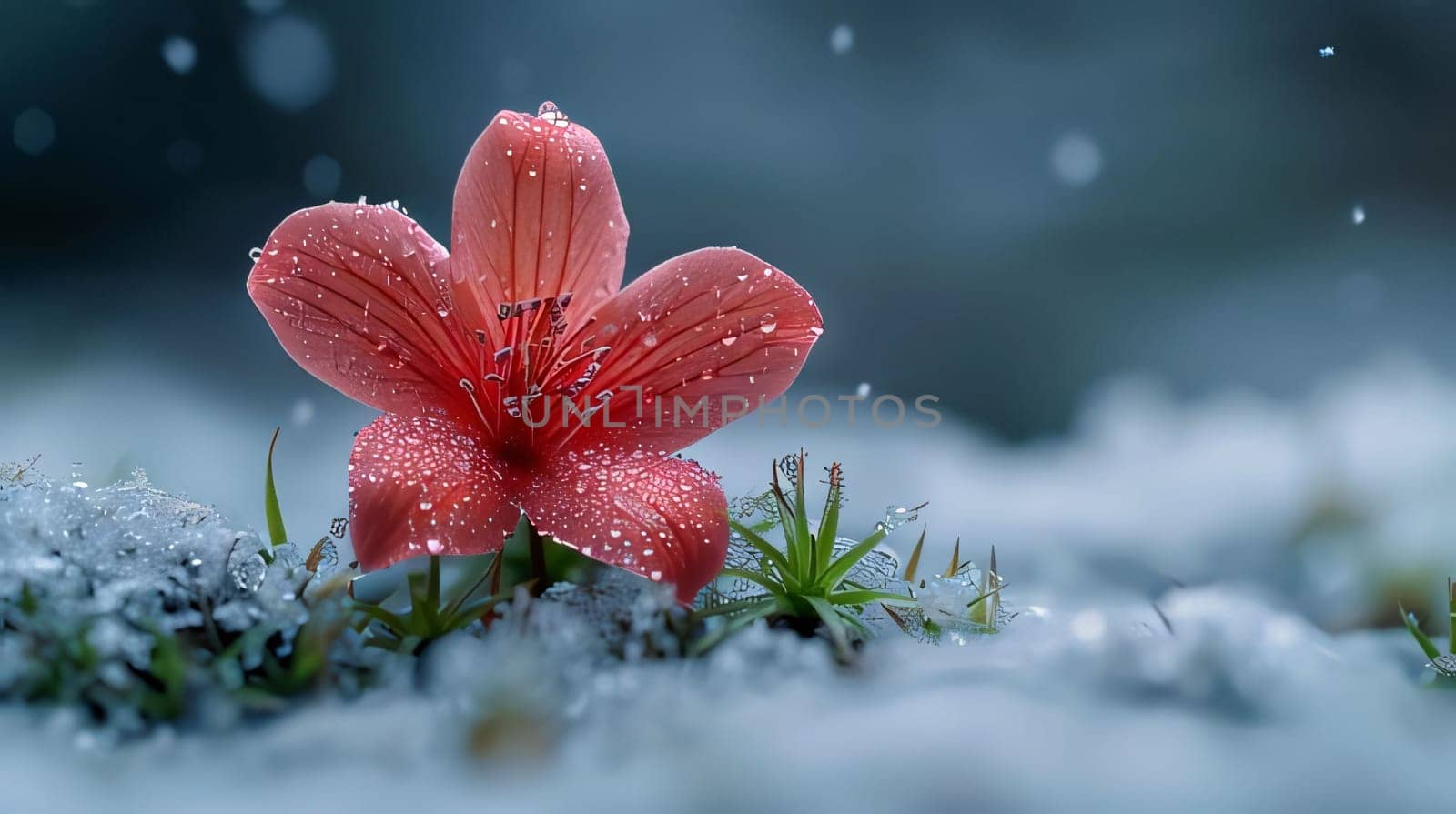 A small red flower with green leaves, growing from the snow-covered ground. Flowering flowers, a symbol of spring, new life. A joyful time of nature awakening to life.