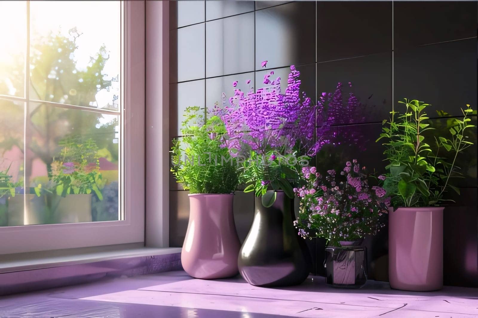 Colorful flowers in vases inside the house, window in the background. Flowering flowers, a symbol of spring, new life. A joyful time of nature awakening to life.