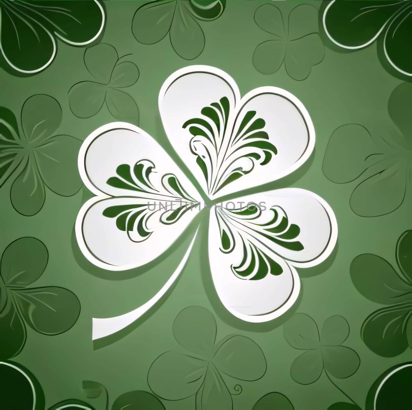 White three-leaf clover on green background with clovers. The green color symbol of St. Patrick's Day. A joyous time of celebration in the green color.