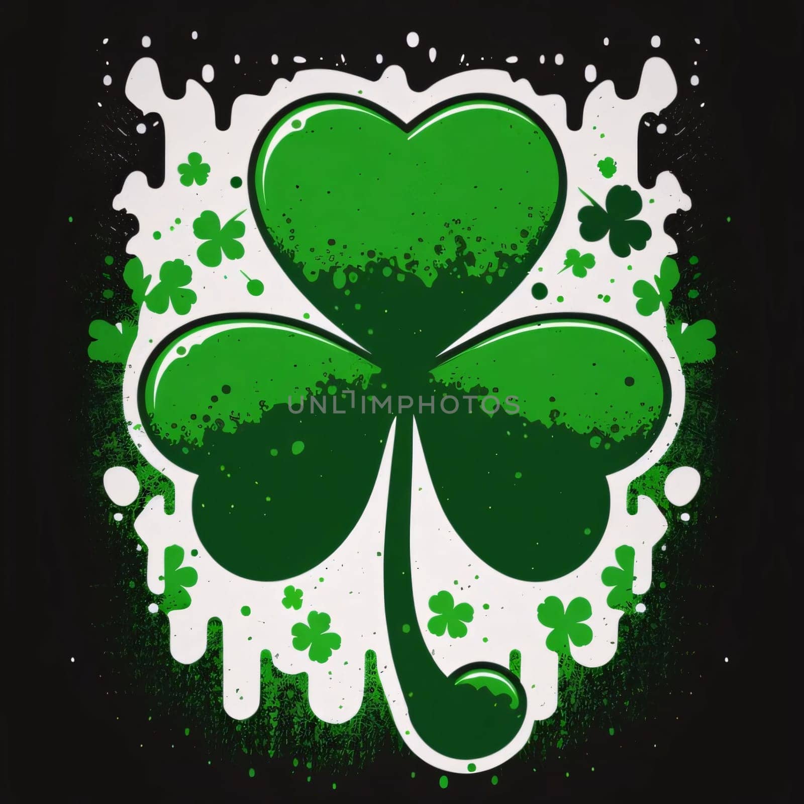 Painted Green three-leaf clover on white and black. The green color symbol of St. Patrick's Day. A joyous time of celebration in the green color.