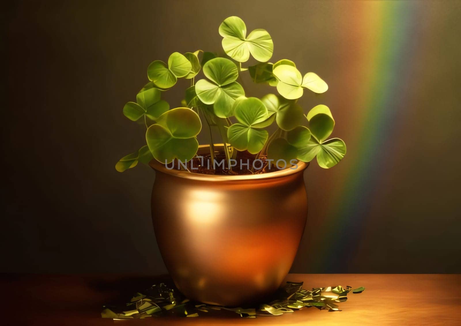 Gold pot and growing in it a green clover on a brown background with a rainbow, banner space for your own content. The green color symbol of St. Patrick's Day. A joyous time of celebration in the green color.