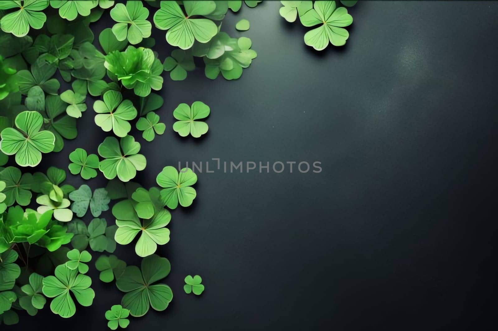 Top view of scattered four-leaf green clovers on a dark background, banner space for your own content. Green four-leaf clover symbol of St. Patrick's Day. A joyous time of celebration in the green color.