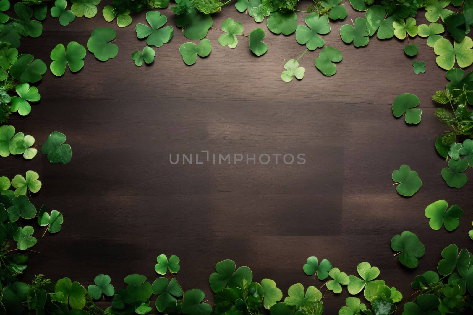 Top view of scattered four-leaf green clovers on wooden background, banner space for your own content. Green four-leaf clover symbol of St. Patrick's Day. A joyous time of celebration in the green color.