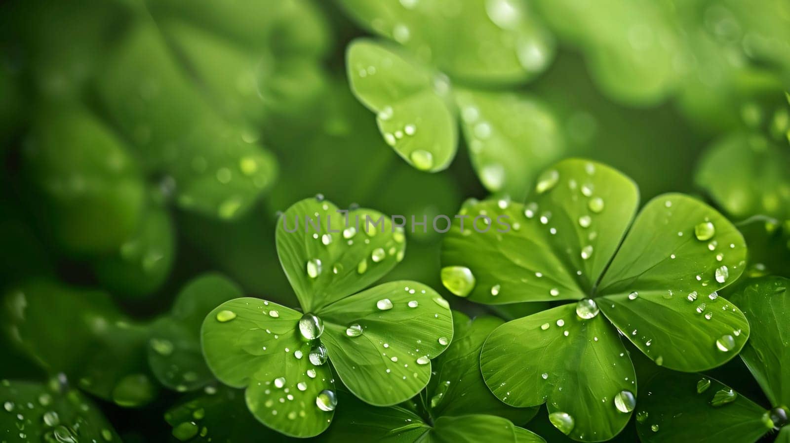 Hundreds of green limbs in close-up with dewdrops, blurred background. Green four-leaf clover symbol of St. Patrick's Day. A joyous time of celebration in the green color.