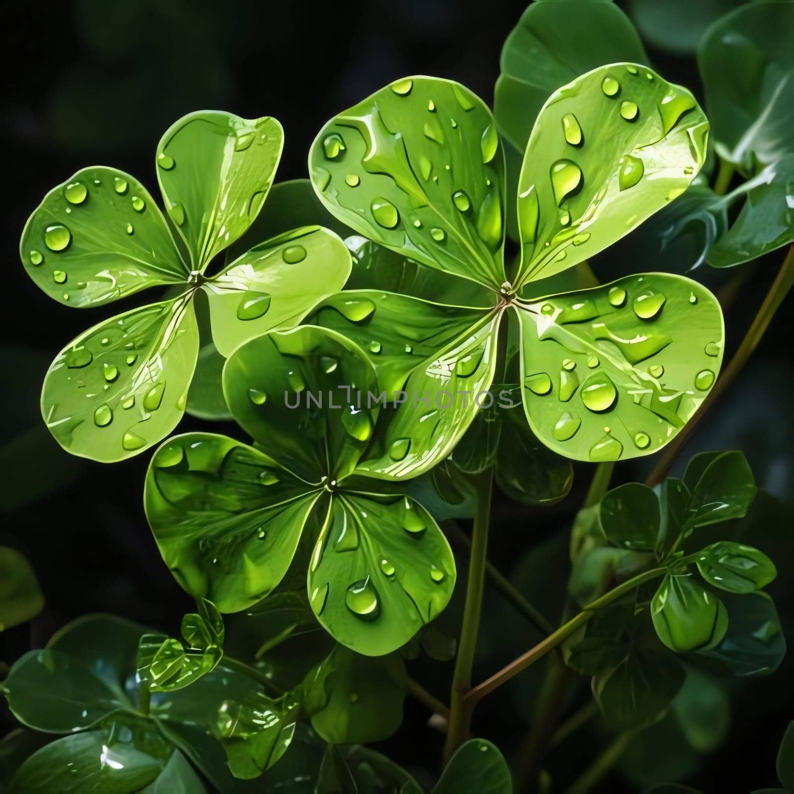 Illustration of a four-leaf green clover with dewdrops on a branch. Green four-leaf clover symbol of St. Patrick's Day. A joyous time of celebration in the green color.