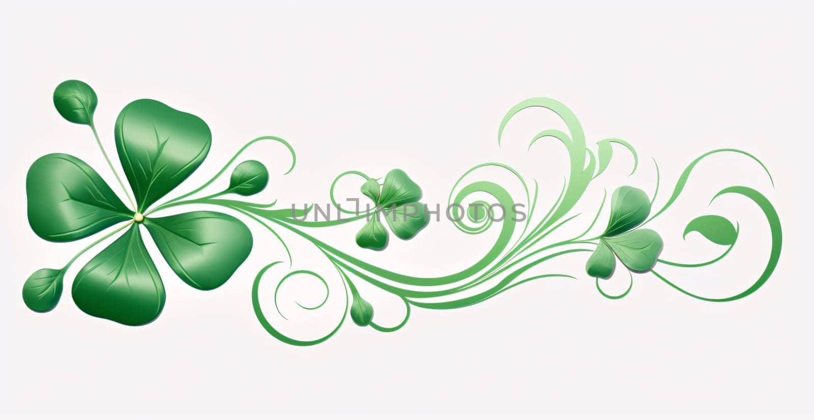 Green decorations with four-leaf clovers on a white background. Green four-leaf clover symbol of St. Patrick's Day. A joyous time of celebration in the green color.