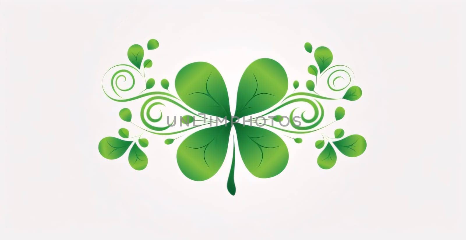 Green decorations with four-leaf clovers on a white background. Green four-leaf clover symbol of St. Patrick's Day. A joyous time of celebration in the green color.