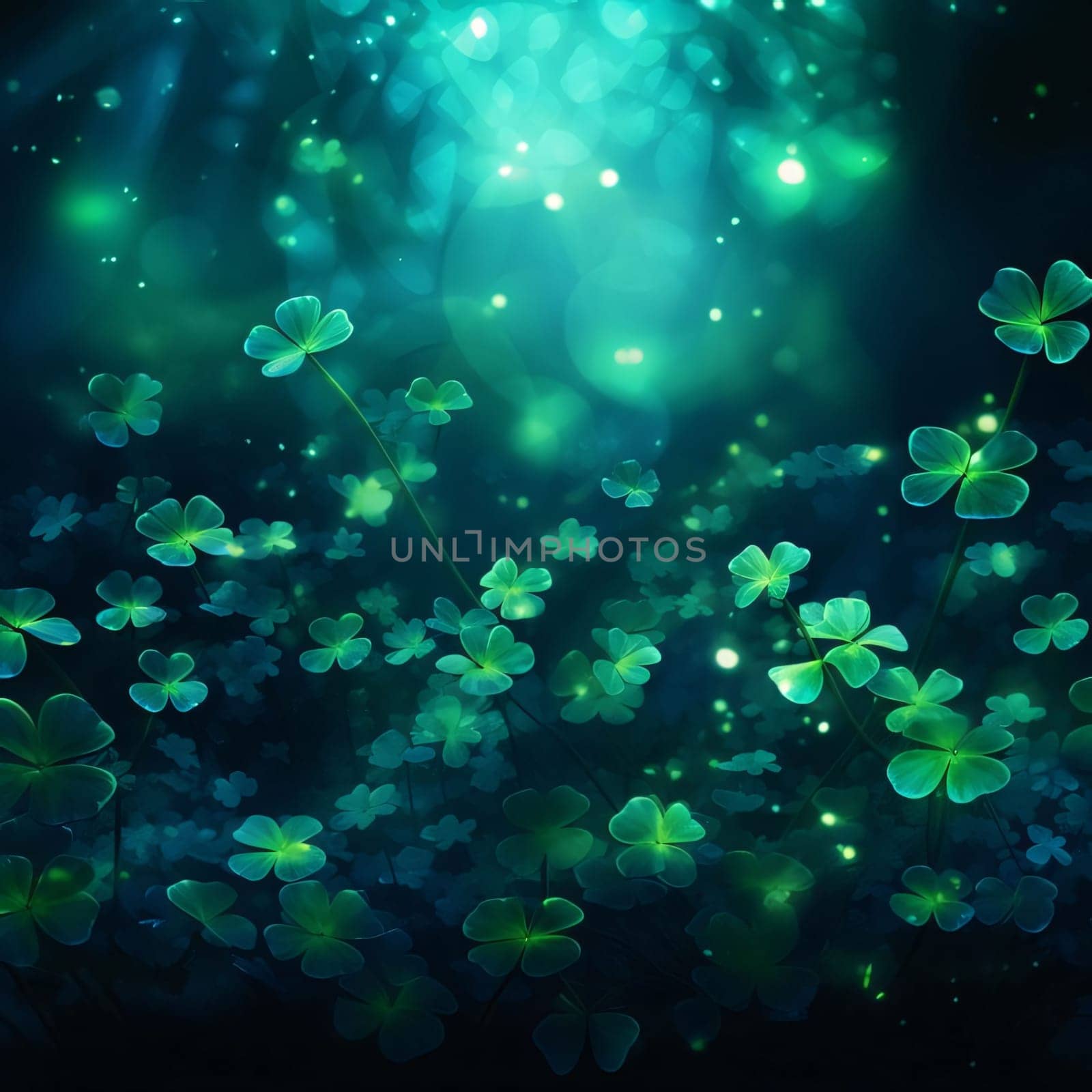 Green clovers in the forest skylight around at night. Green four-leaf clover symbol of St. Patrick's Day. A joyous time of celebration in the green color.