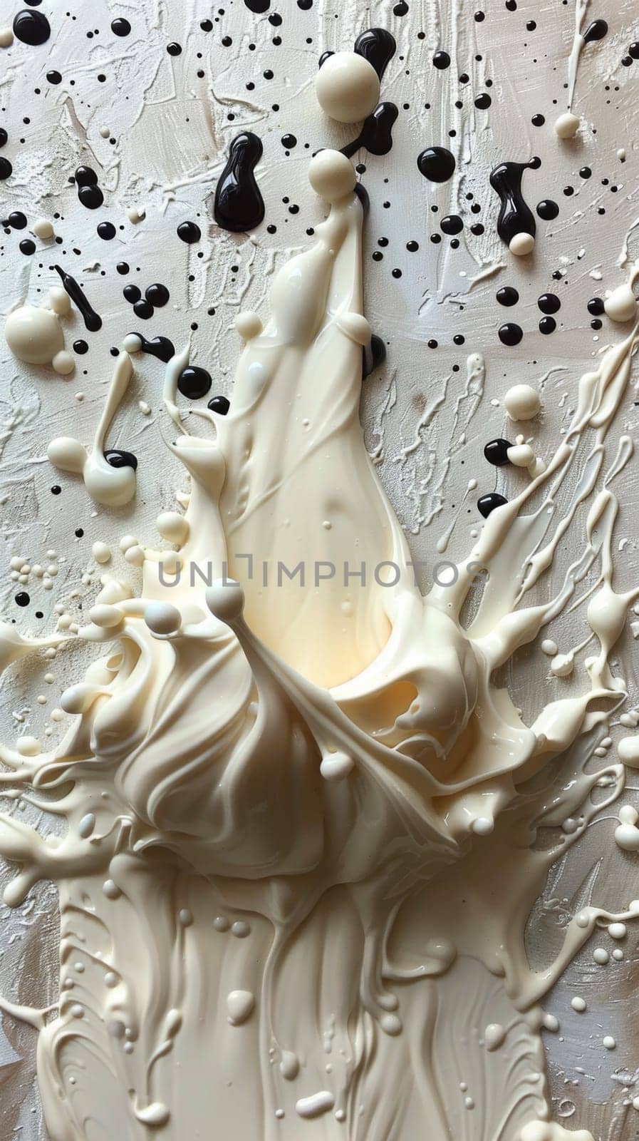 A white and black liquid is being poured onto a table