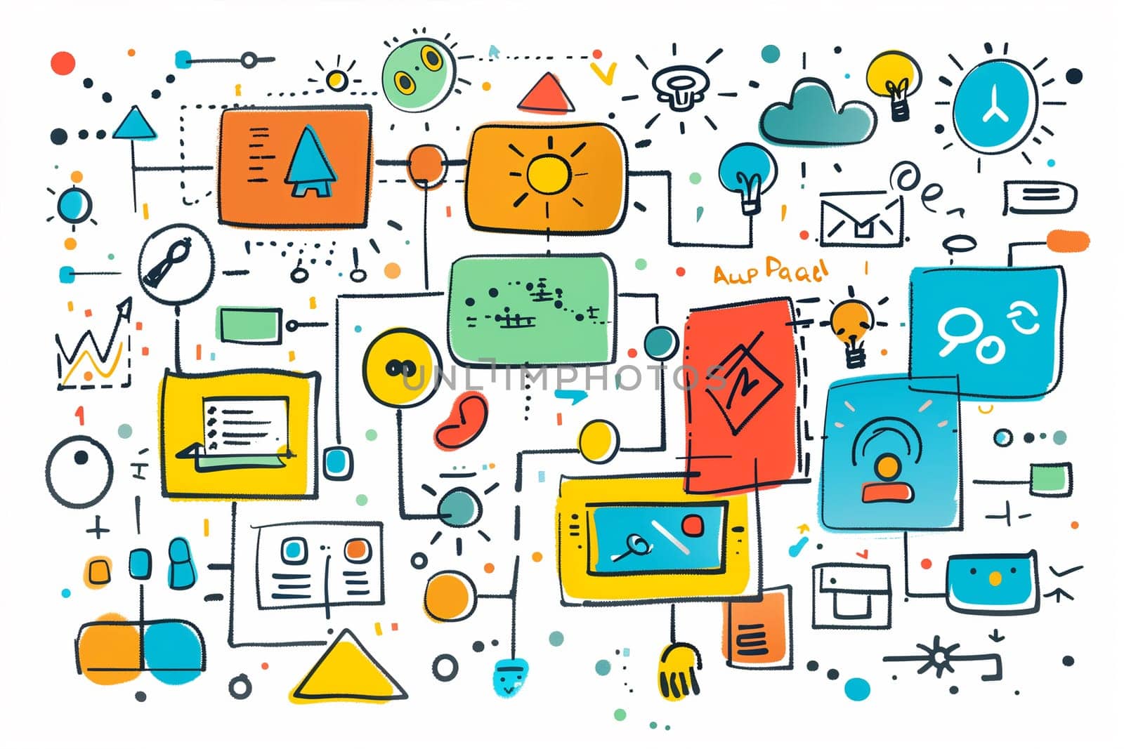 A colorful, abstract representation of technological innovation, featuring interconnected symbols and icons related to digital communication, creativity, and data.