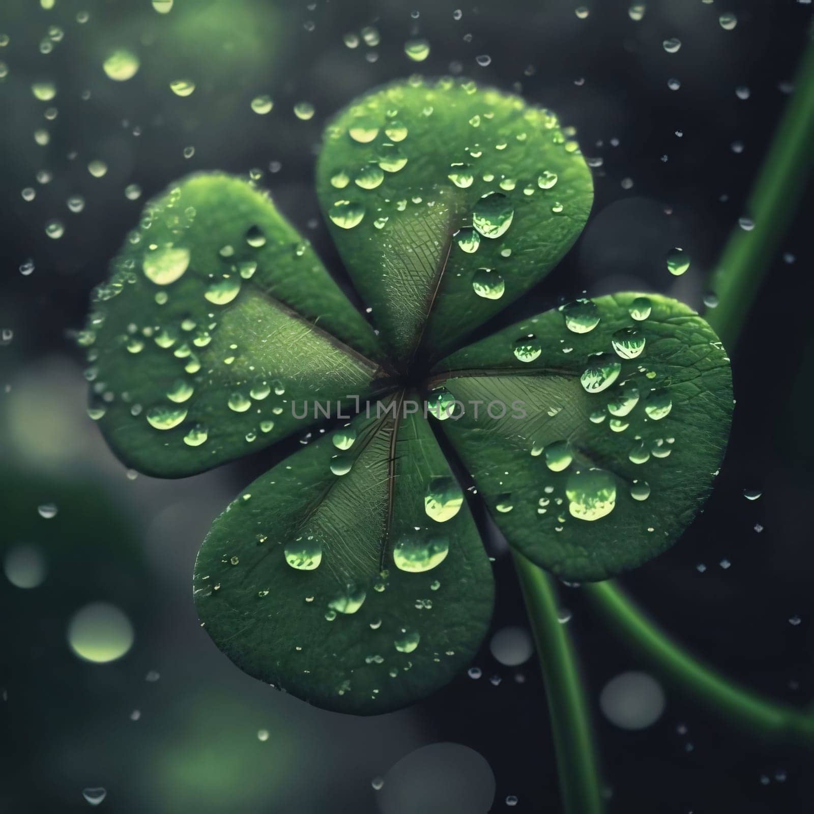 Four-leaf green clover with raindrops, dew on dark background. Green four-leaf clover symbol of St. Patrick's Day. A joyous time of celebration in the green color.