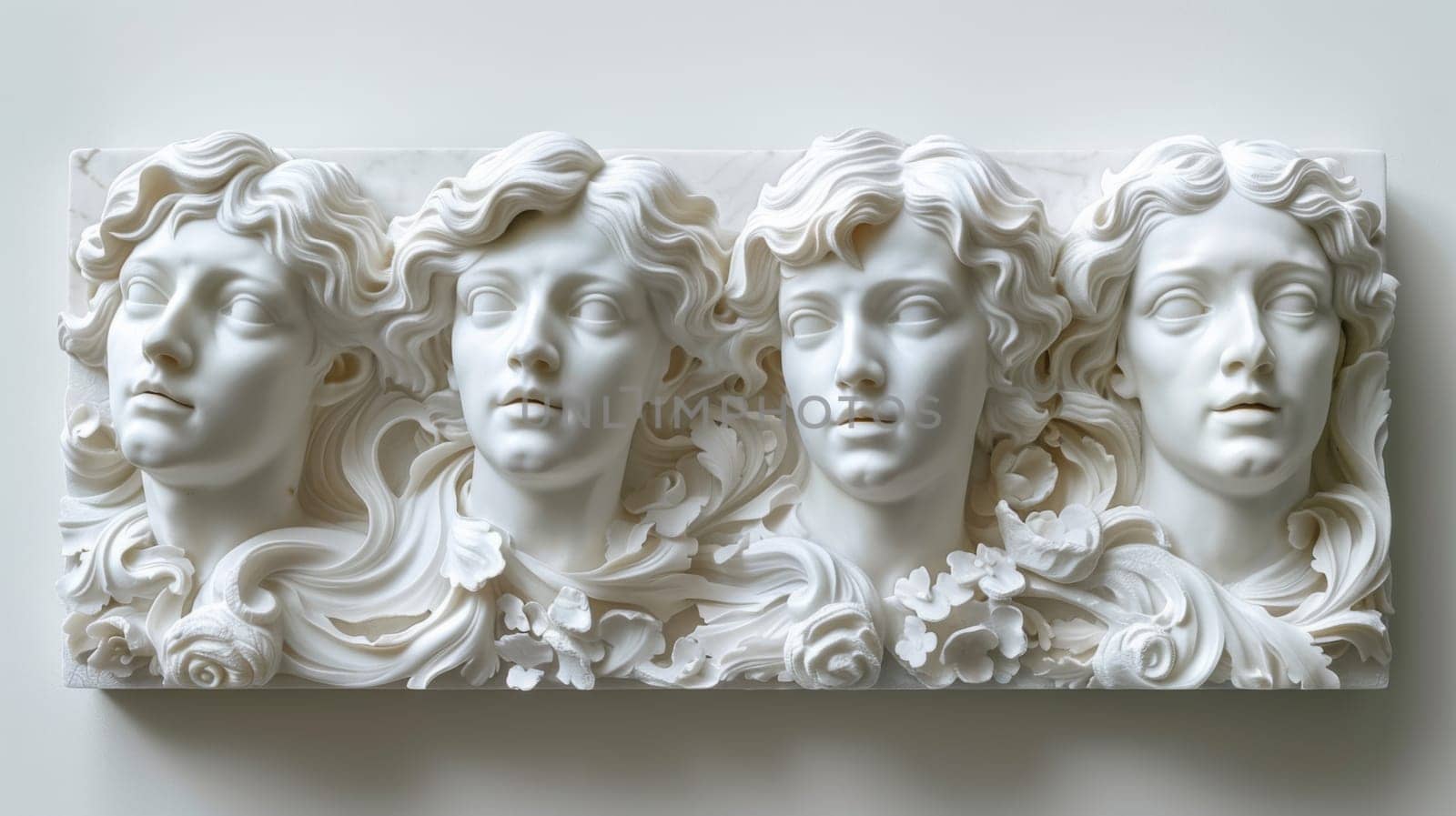 A white sculpture of three women with flowers on their heads