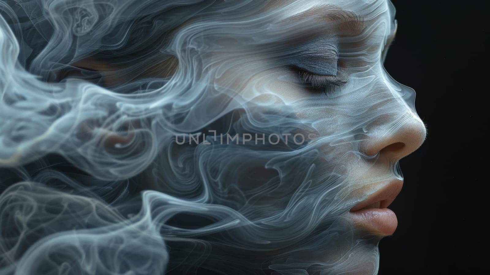 A woman with smoke coming out of her face and hair