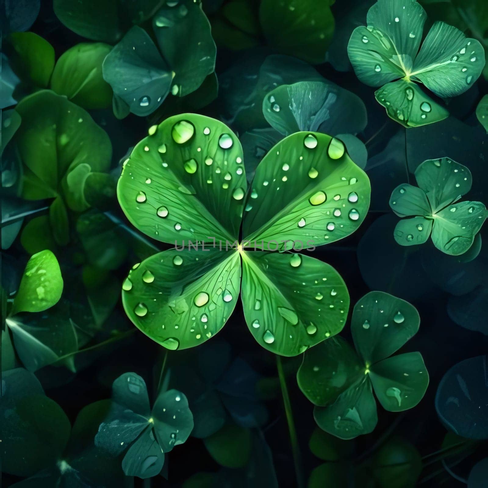 Green four-leaf clover with drops of water, dew on smudged forest background. Green four-leaf clover symbol of St. Patrick's Day. A joyous time of celebration in the green color.