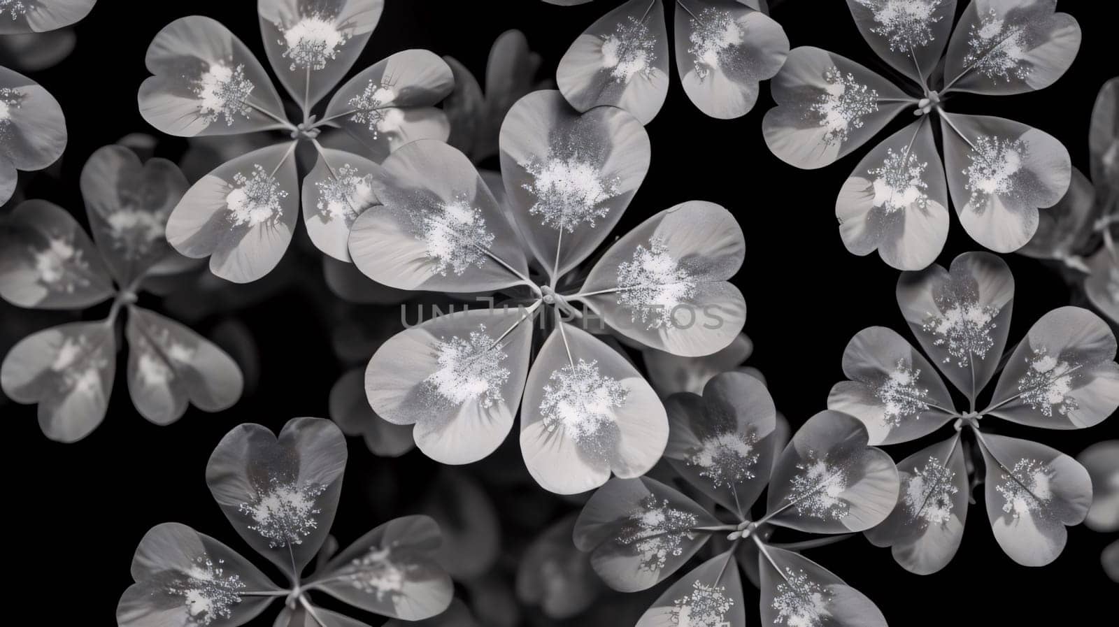 Black and white view of five-leaf clovers, from above. Green four-leaf clover symbol of St. Patrick's Day. A joyous time of celebration in the green color.