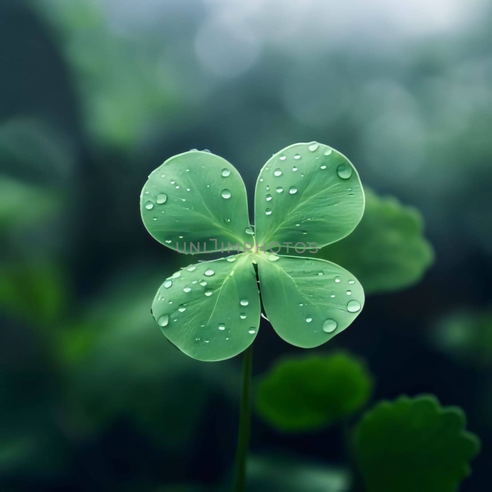 Four-leaf clover with drops of water, dew on smudged green background. Green four-leaf clover symbol of St. Patrick's Day. A joyous time of celebration in the green color.