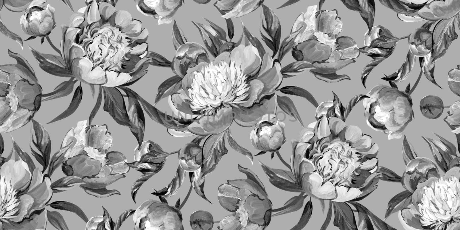 Seamless monochrome pattern with peonies drawn in gouache for textile by MarinaVoyush
