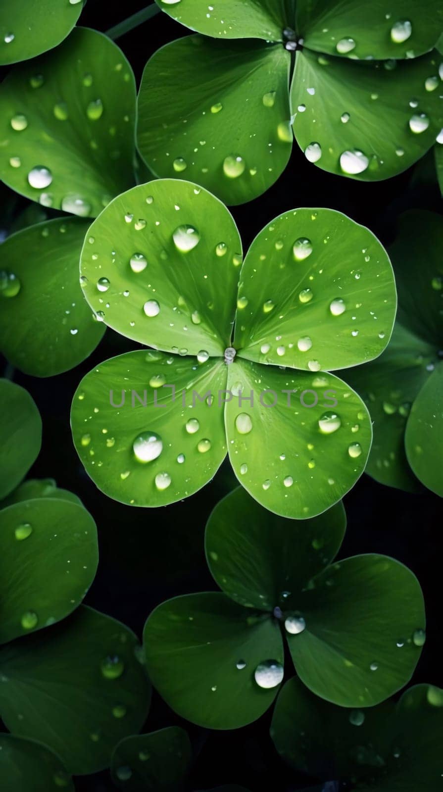 Close-up view of green clovers with drops of water, dew. Green four-leaf clover symbol of St. Patrick's Day. A joyous time of celebration in the green color.