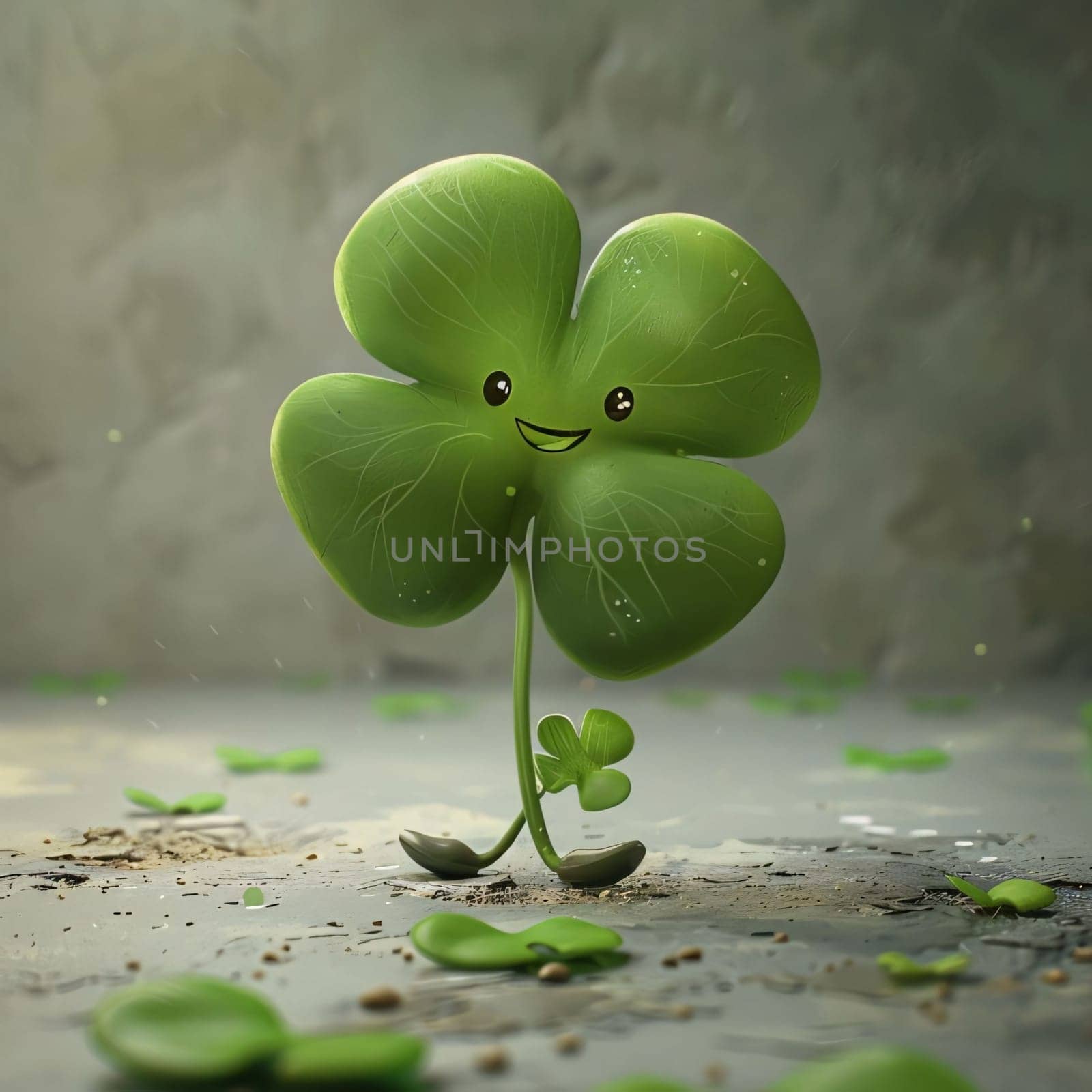 Happy smiling green surrealist clover on marble background. Green four-leaf clover symbol of St. Patrick's Day. A joyous time of celebration in the green color.