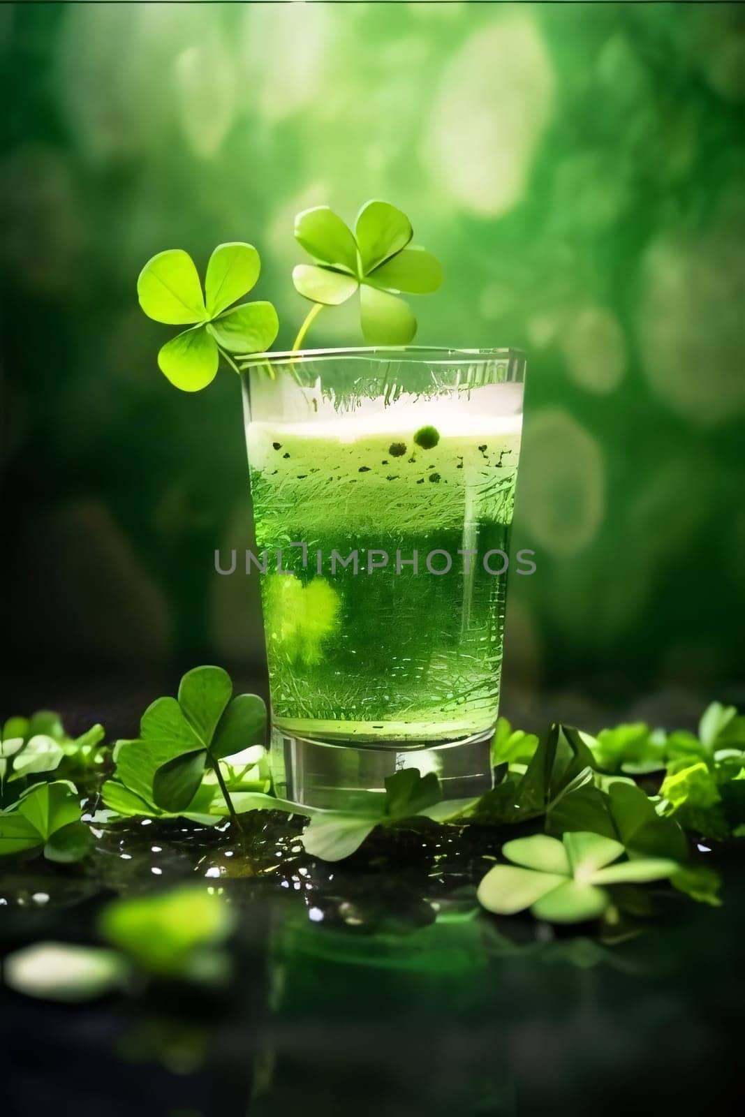 Glass of green juice around four-leaf green clovers, green background. Green four-leaf clover symbol of St. Patrick's Day. by ThemesS