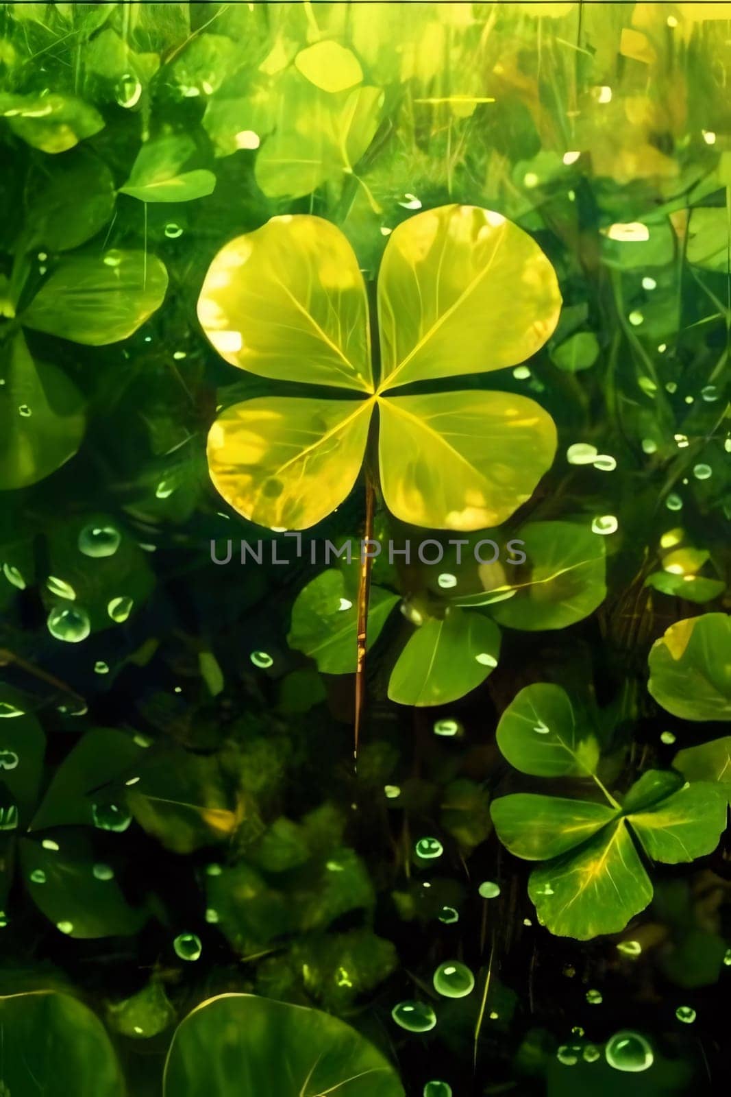 Illustration four-leaf green clover around dewdrops, water green leaves. Green four-leaf clover symbol of St. Patrick's Day. A joyous time of celebration in the green color.