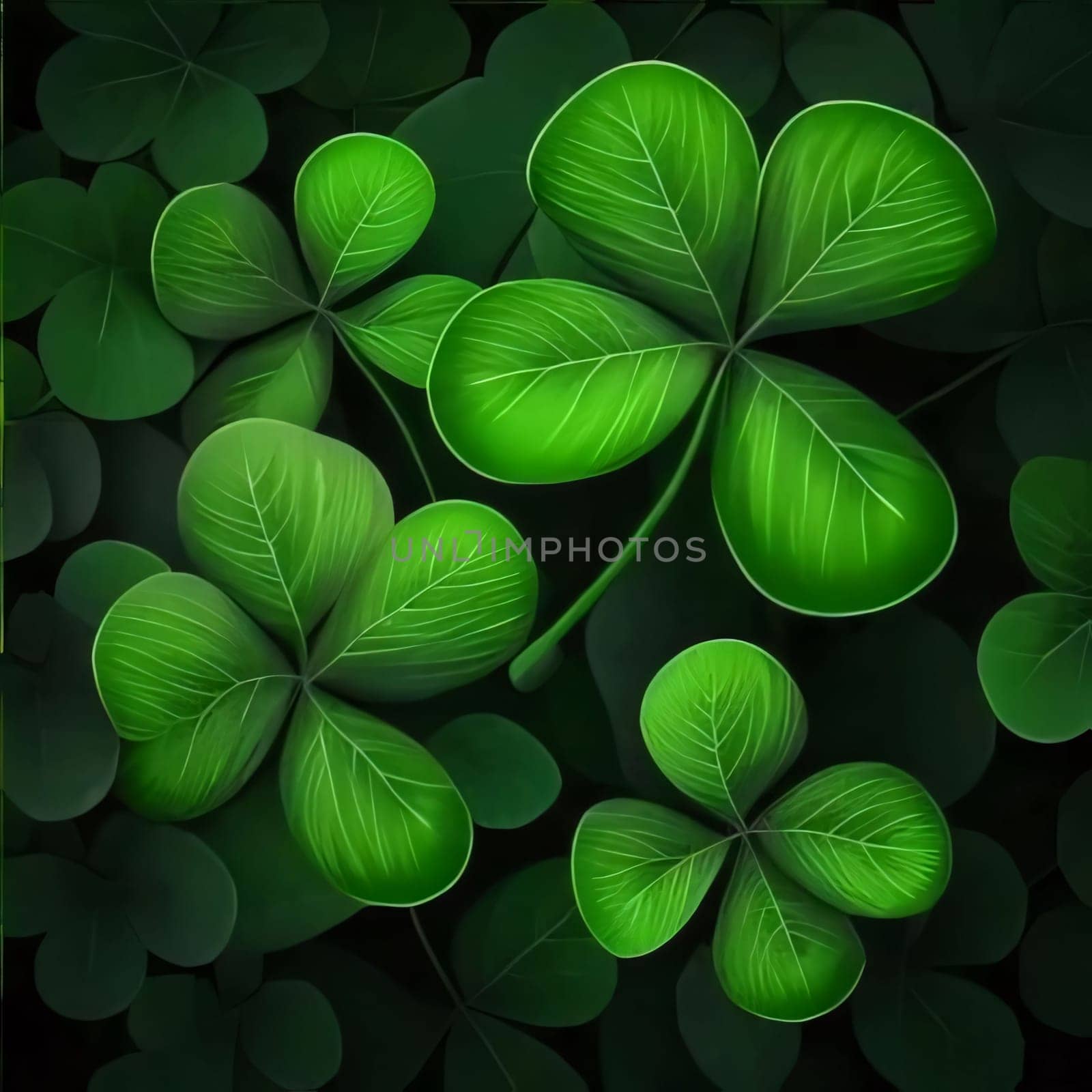 Illustration of green four-leaf clovers, top view. Green four-leaf clover symbol of St. Patrick's Day. A joyous time of celebration in the green color.