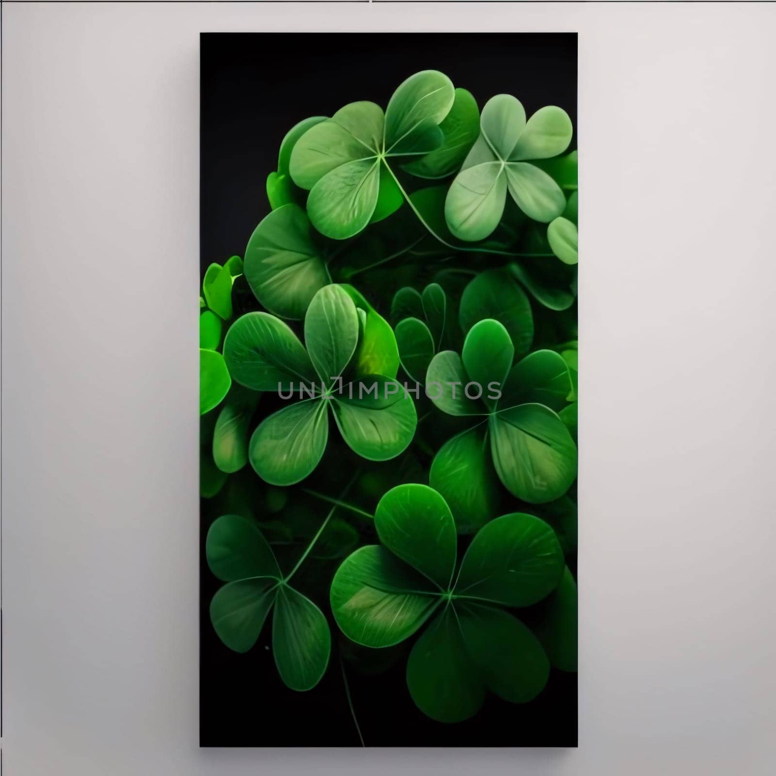 Wall painting, green four-leaf clover on a dark background. Green four-leaf clover symbol of St. Patrick's Day. A joyous time of celebration in the green color.