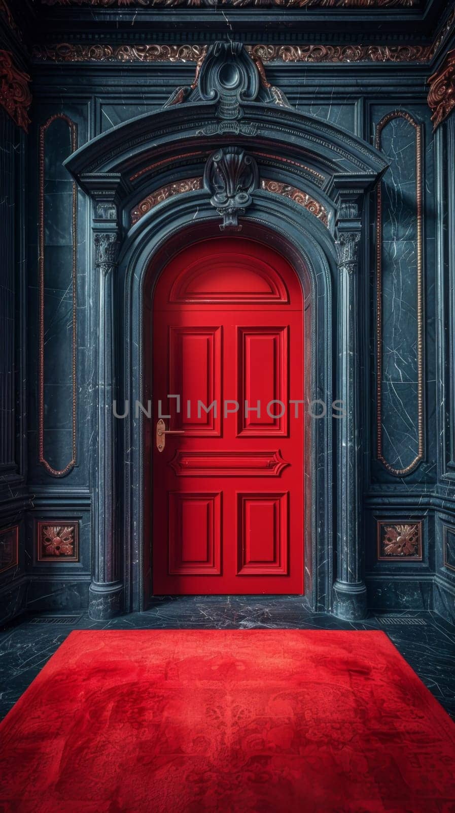 A red carpet in front of a large door with black walls