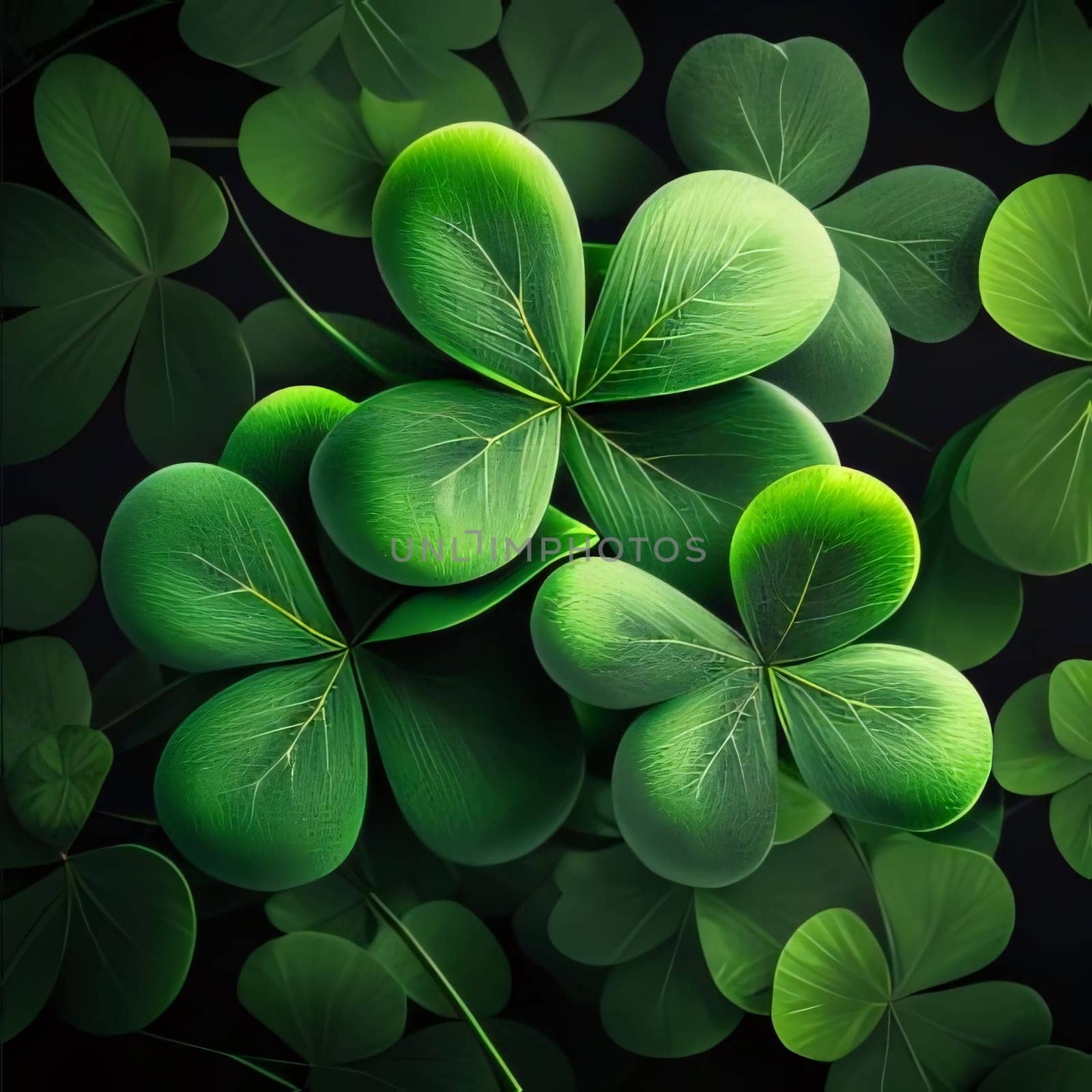 Green four-leaf clover on a dark background. Green four-leaf clover symbol of St. Patrick's Day. A joyous time of celebration in the green color.