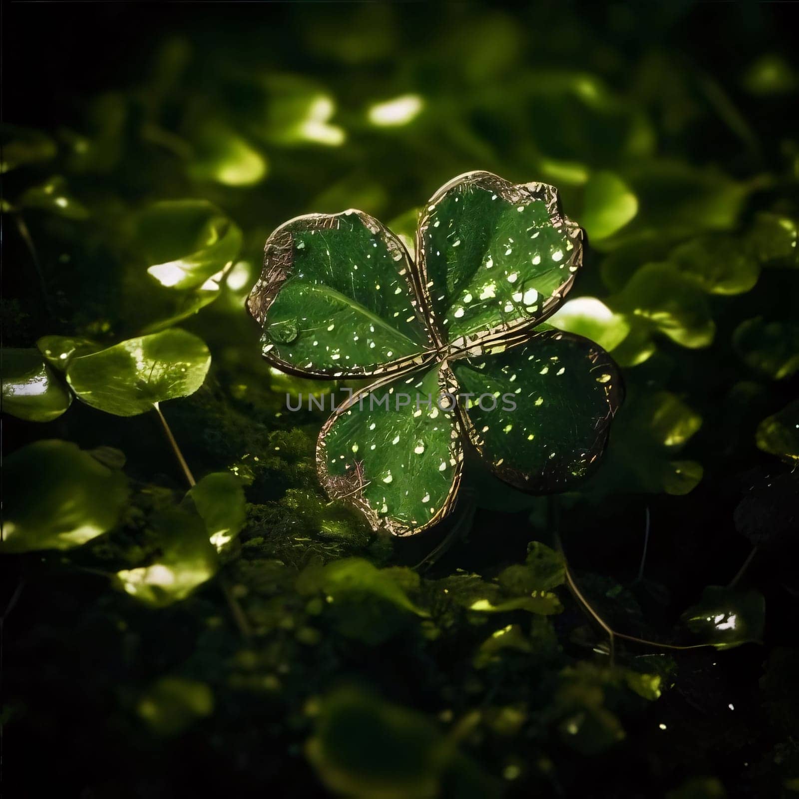 Illustration of a four-leaf green clover in the middle of a cluster of green clovers with dewdrops, water. Green four-leaf clover symbol of St. Patrick's Day. A joyous time of celebration in the green color.