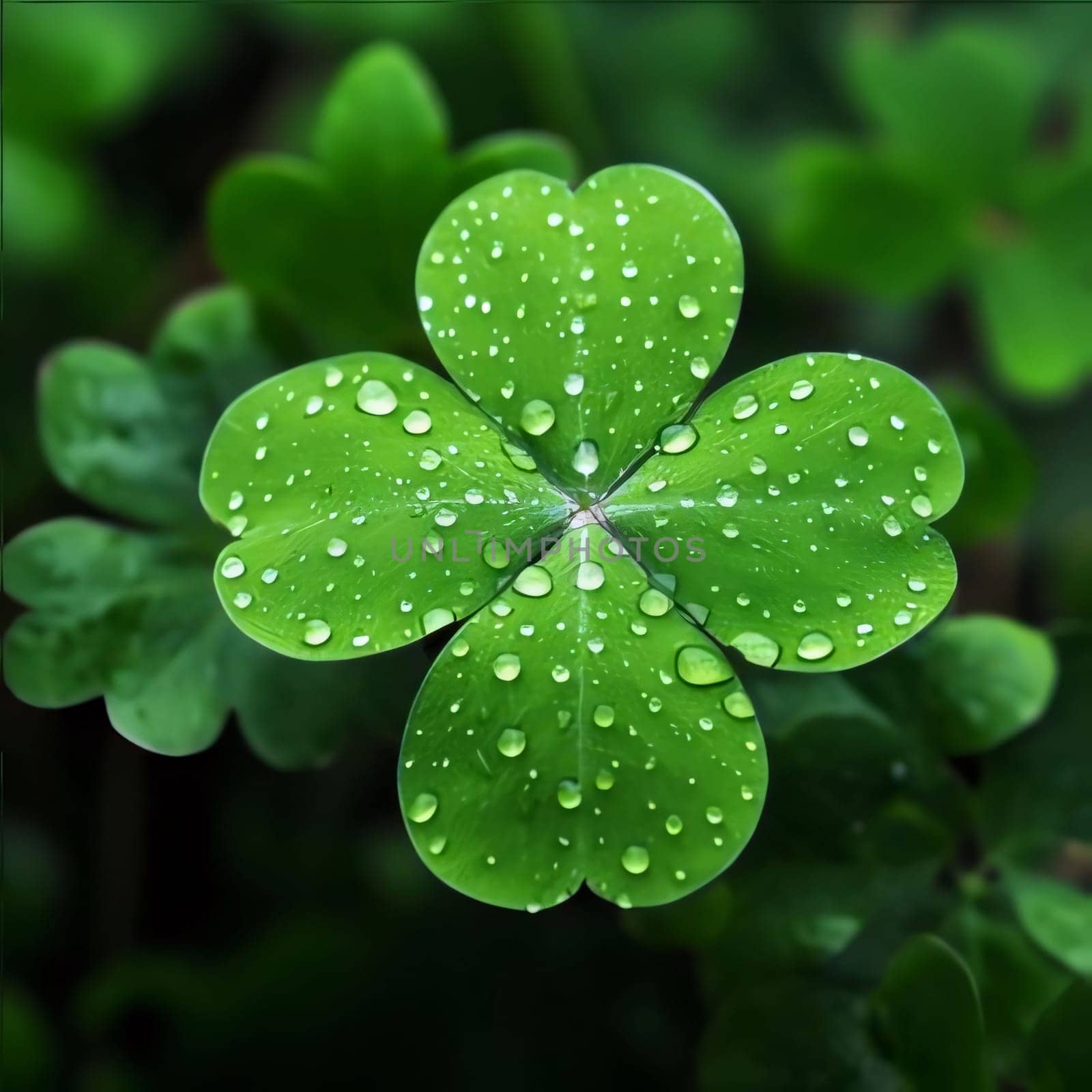 Four-leaf green clover, close-up view, small drops of dew, water. Green four-leaf clover symbol of St. Patrick's Day. A joyous time of celebration in the green color.
