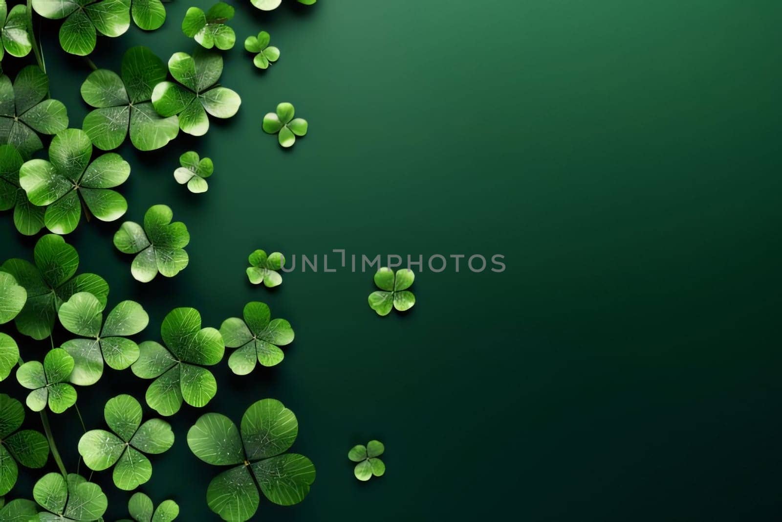 Banner, green background decorated on the left with green clovers. Space for your own content. Green four-leaf clover symbol of St. Patrick's Day. A joyous time of celebration in the green color.