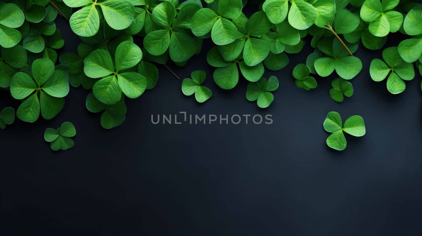 Banner, dark background decorated with green clovers at the top. Space for your own content. Green four-leaf clover symbol of St. Patrick's Day. A joyous time of celebration in the green color.