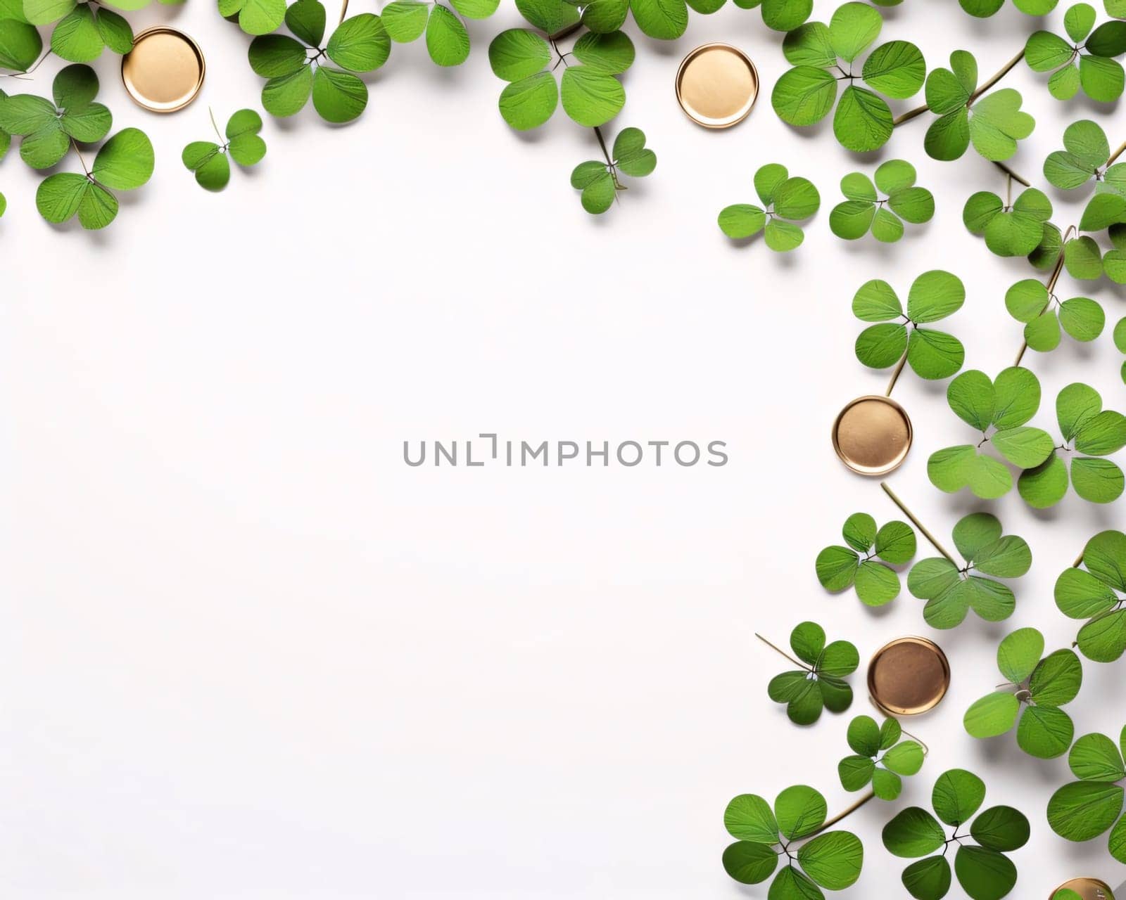 White blank card with space for your own content, green clover decorations all around. Green four-leaf clover symbol of St. Patrick's Day. Happy time of celebration in green color.