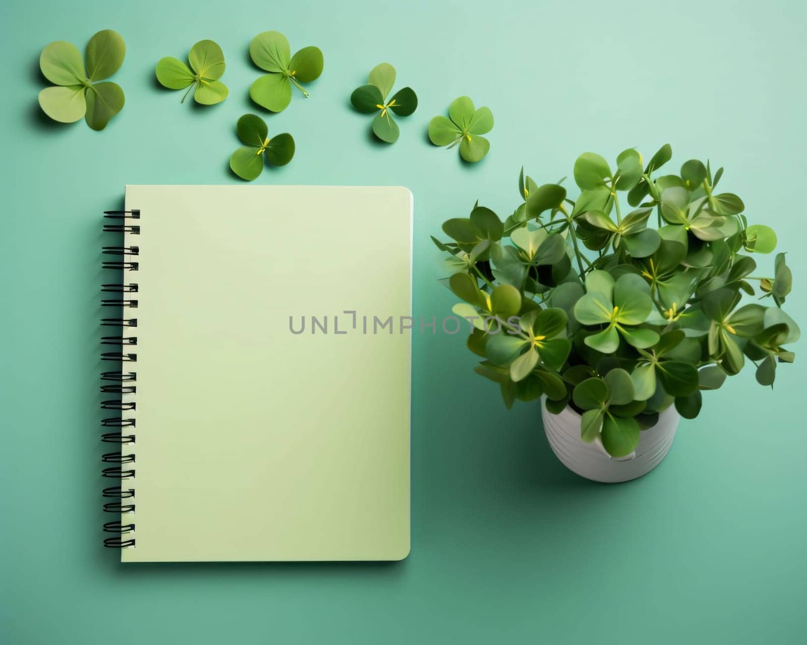 Notebook with a bright blank page, next to a pot with green limbs around scattered clovers. Space for your own content. Green four-leaf clover symbol of St. Patrick's Day. Happy time of celebration in green color.