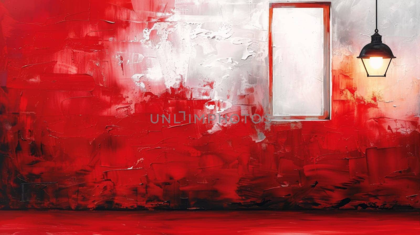 A red and white painted wall with a light hanging from it