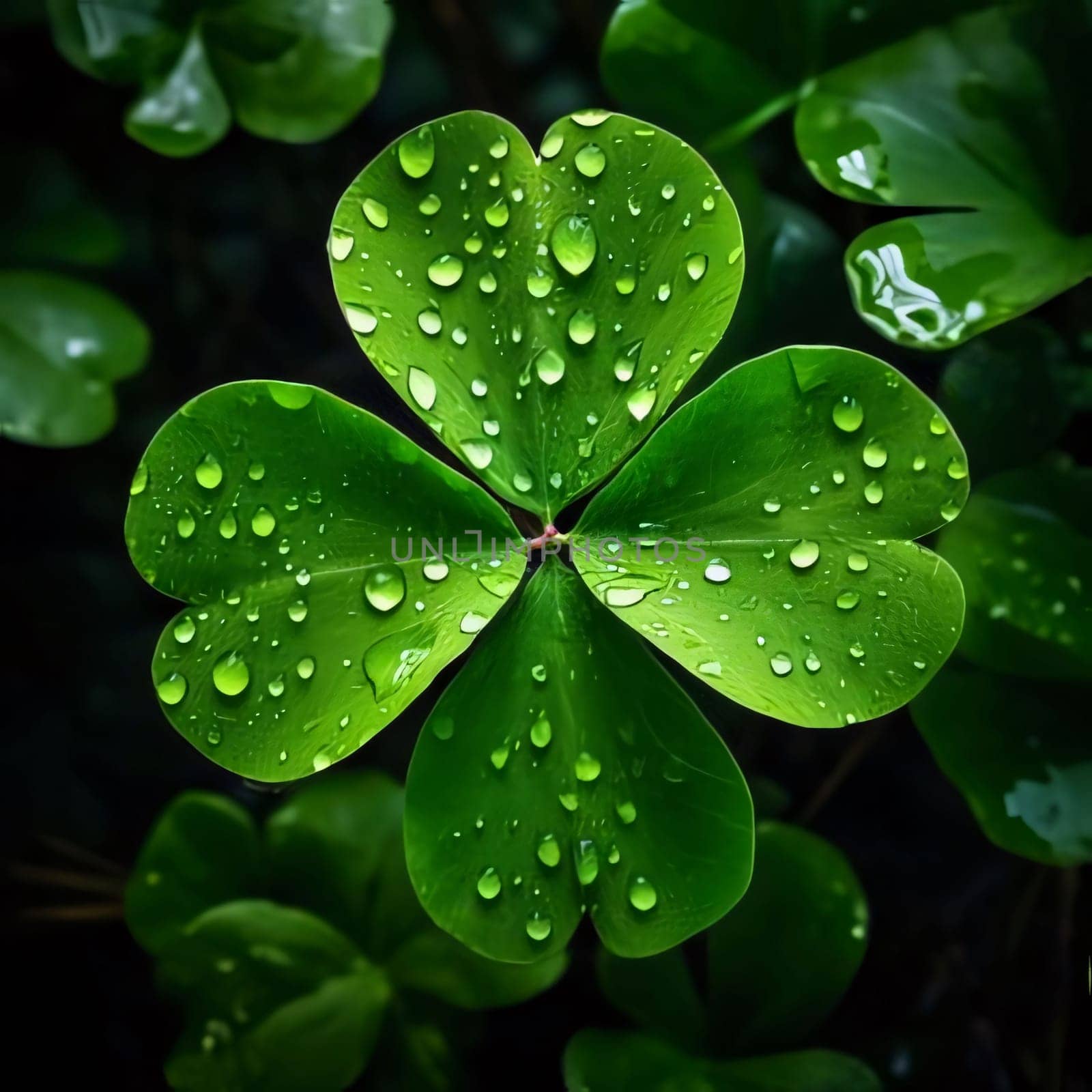 Green four-leaf clover, top view; small raindrops, dew. Green four-leaf clover symbol of St. Patrick's Day. Happy time of celebration in green color.