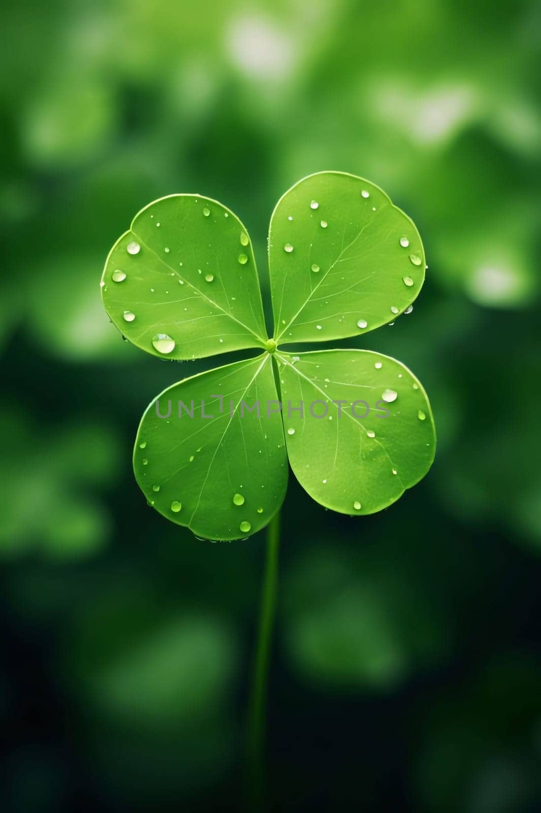 Single four-leaf clover with tiny dewdrops, water on smudged background. Green four-leaf clover symbol of St. Patrick's Day. Happy time of celebration in green color.